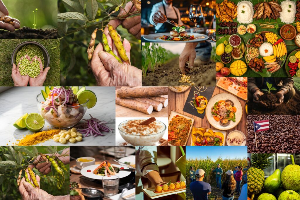 Collage showing farming, harvesting, ingredients, and plated meals from farm to table.